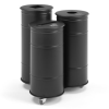 3 circular black office recycling bins on casters