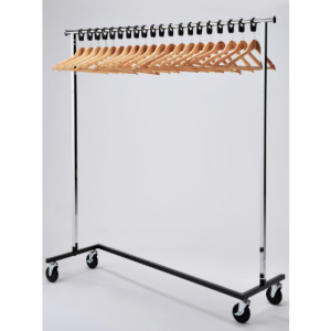 chrome mobile garment rails with zig zag design and castors. With wooden anti theft hangers