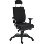 24 hour office chair in black fabric with arms and headrest on standard black base