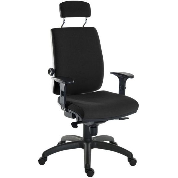24 hour office chair in black fabric with arms and headrest on standard black base