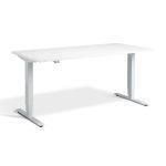 height adjustable desk with white desk top and silver leg frame