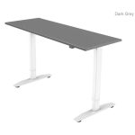 height adjustable desk with dark grey desk top and white frame.