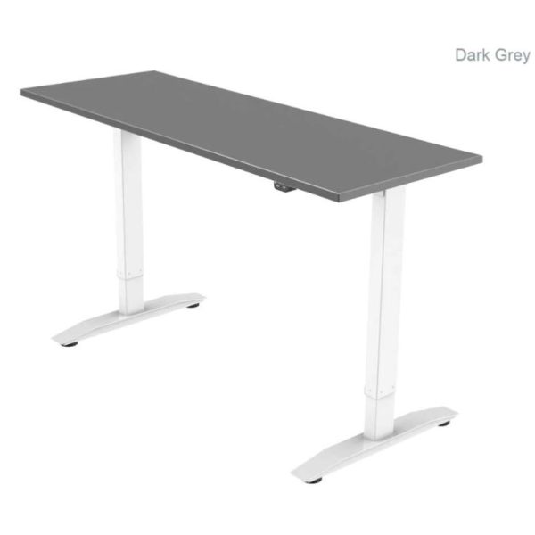 height adjustable desk with dark grey desk top and white frame.