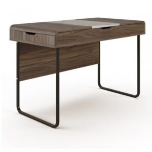 brown wood home desk with grey lift up storage area in middle