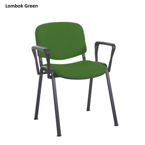 meeting chair with arms in green fabric with black frame