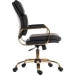 black leather vintage style office chair with brass coloured base and arms
