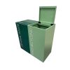 2 green office recycling bins with soft close top. With white lettering General Waste and Mixed Recycling