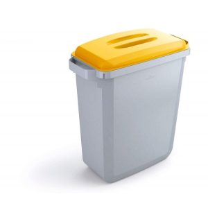 office recycling bin with grey body and yellow top