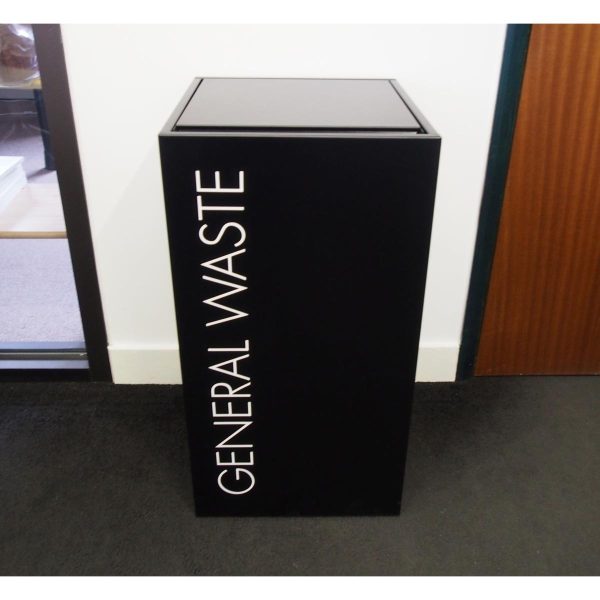 Black office recycling bin with white lettering General Waste
