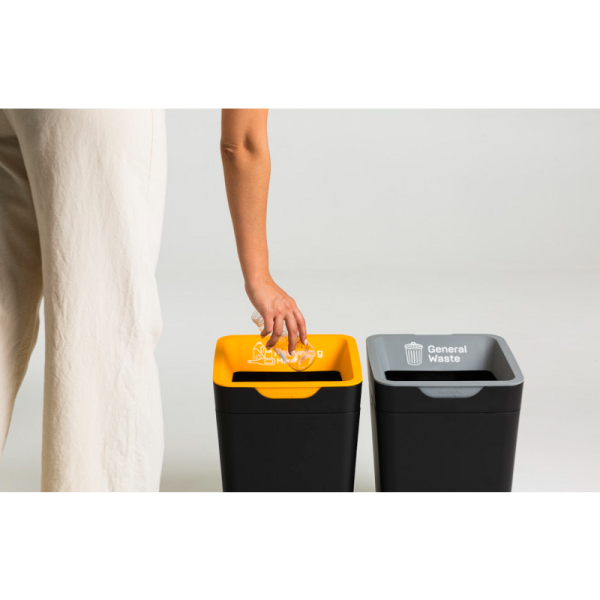 2 black office recycling waste bin with orange top and grey top and recycling lettering