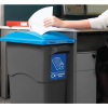 office recycling bin by side of office desk with blue top and Confidential paper stickers. Someone posting a sheet of paper in the top slot