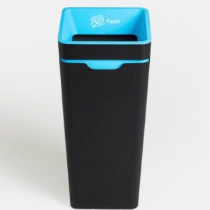 black office recycling bin with blue top and Paper lettering and pictogram