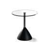circular glass table top side table with chrome stem and black pyramid base