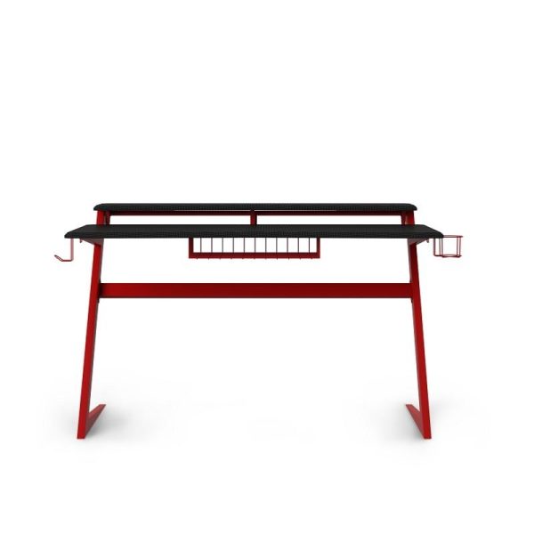 back view of black and red gaming desk