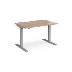 height adjustable desk with light wood desk top and silver frame