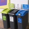 3 black office recycling bins with green lid, black lid and blue lid