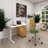 White office desk with under desk pedestal and office cupboard. white office chair with green fabric seat