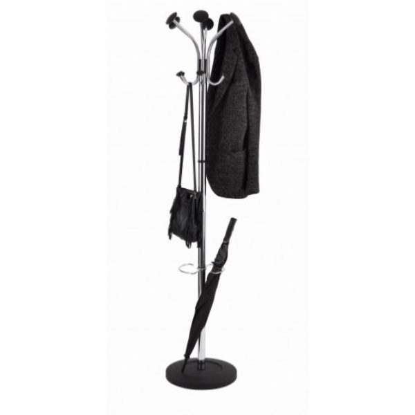 hat and coat stand with coat, umbrella and bag