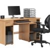beech home office desk with desk accessories on top. With black mesh office chair