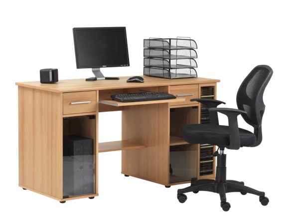 beech home office desk with desk accessories on top. With black mesh office chair