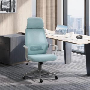 ergonomic office chair in light green fabric and mesh back in office setting