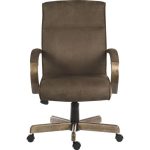brown suede office chair with wooden arms and base