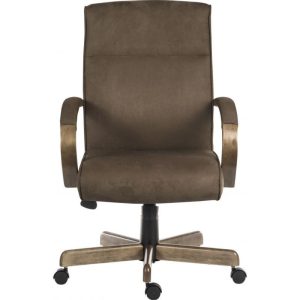 brown office chair with wooden arms and base