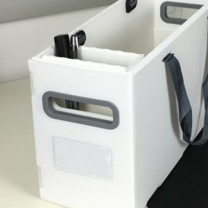 close up of agile file box white with pencil pot and black strap