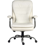 front view of cream leather office chair with padded arms and silver 5 star base