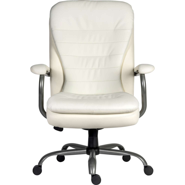 front view of cream leather office chair with padded arms and silver 5 star base