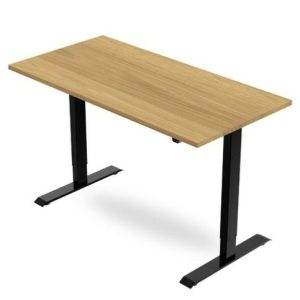 height adjustable desk with oak desk top and black leg frame