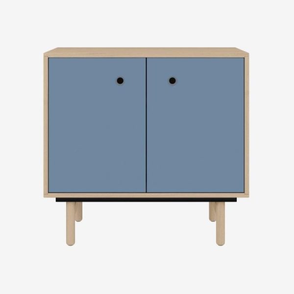 office sideboard storage with blue doors and light wood carcass