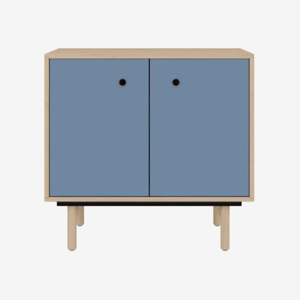 office sideboard storage with blue doors and light wood carcass