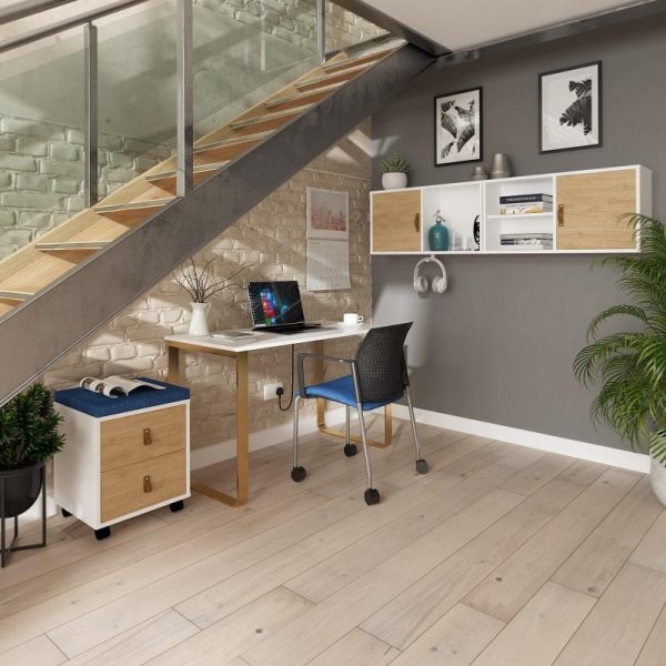 home office room shot with stylish desk with white desk top. Desk drawer pedestal and wall mounted storage. mobile office chair with blue fabric seat and black back