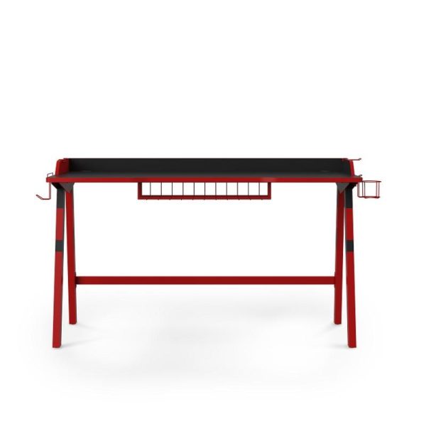 gaming desk with black desk top and red frame