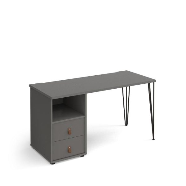 grey home office desk with pedestal and hairpin leg