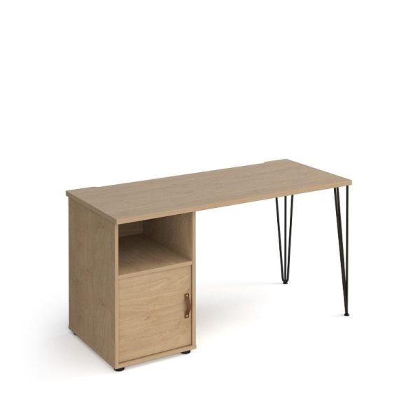 home office desk in oak with pedestal unit and black hairpin legs