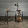 industrial style home office desk with black frame and dark oak desk top