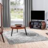room set of lounge with walnut curved wood side table, coffee table, tv stand and shelf