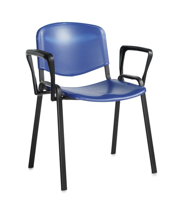 meeting chair in blue plastic and black arms and frame