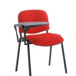 red fabric meeting chair with writing tablet with black frame and tablet