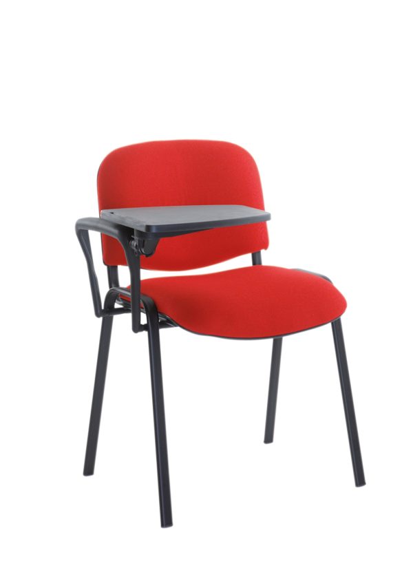red fabric meeting chair with black frame and tablet