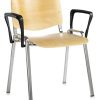 meeting chair in light wood with black arms and chrome frame