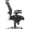 side view of black fabric office chair with chrome base