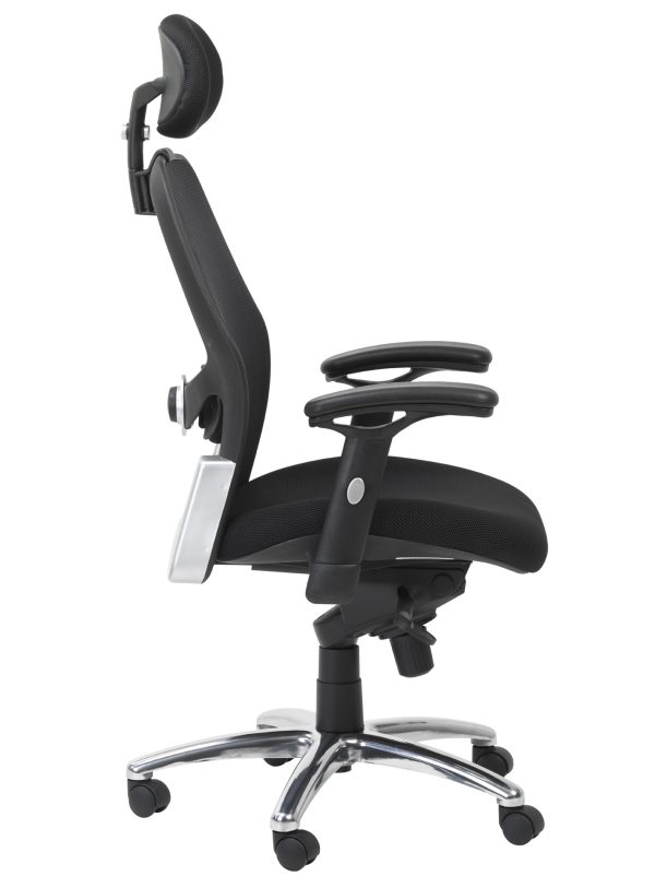 side view of black fabric office chair with chrome base