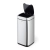 silver no touch waste bin with top open