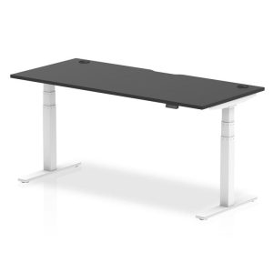 height adjustable desk with black top and white frame