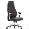 high back office chair with black leather upholstery and chrome base