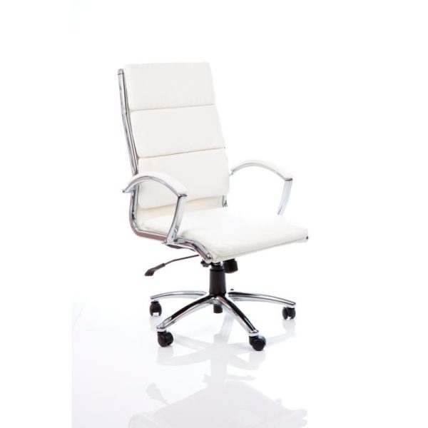 contemporary white leather office chair with padded arms and chrome 5 star base