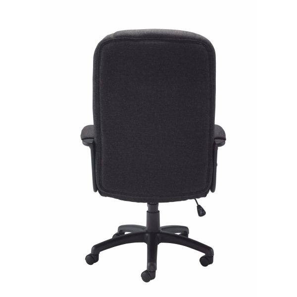 back view of black fabric office chair and black base